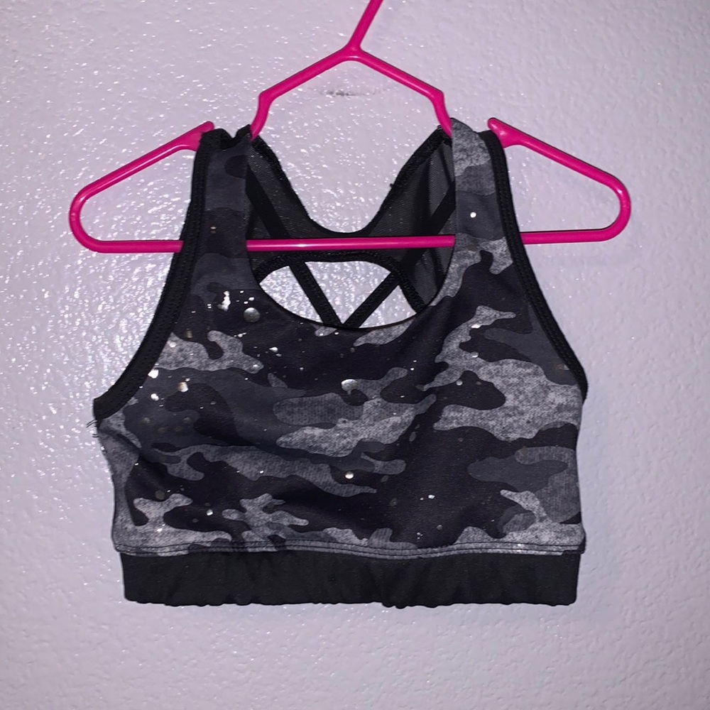 Avia Girls Studio Active Sports Bra Black Silver Paint Spandex Mesh